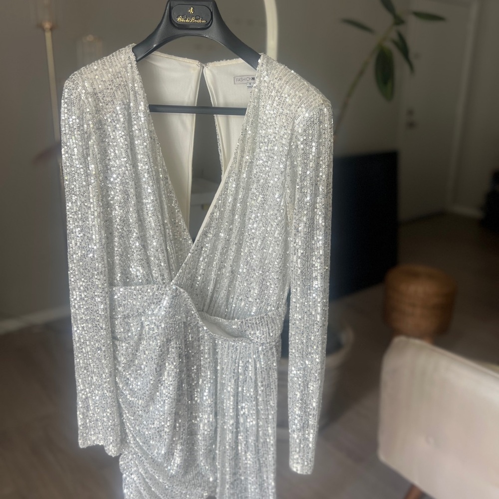“The Showstopper” – Silver Sequin Draped Mini Dress ✨